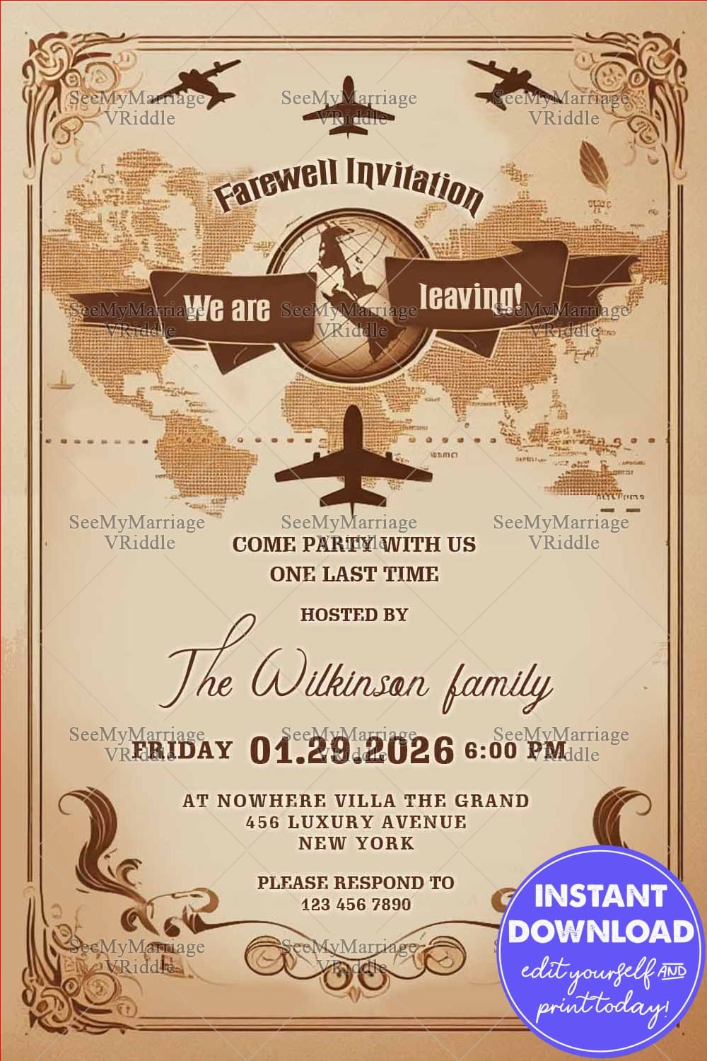 Vintage Travel Theme Farewell Moving Away Invitation with Antique World Map, Airplane and Floral Design