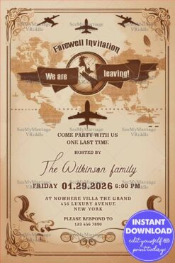 Vintage Travel Theme Farewell Moving Away Invitation with Antique World Map, Airplane and Floral Design
