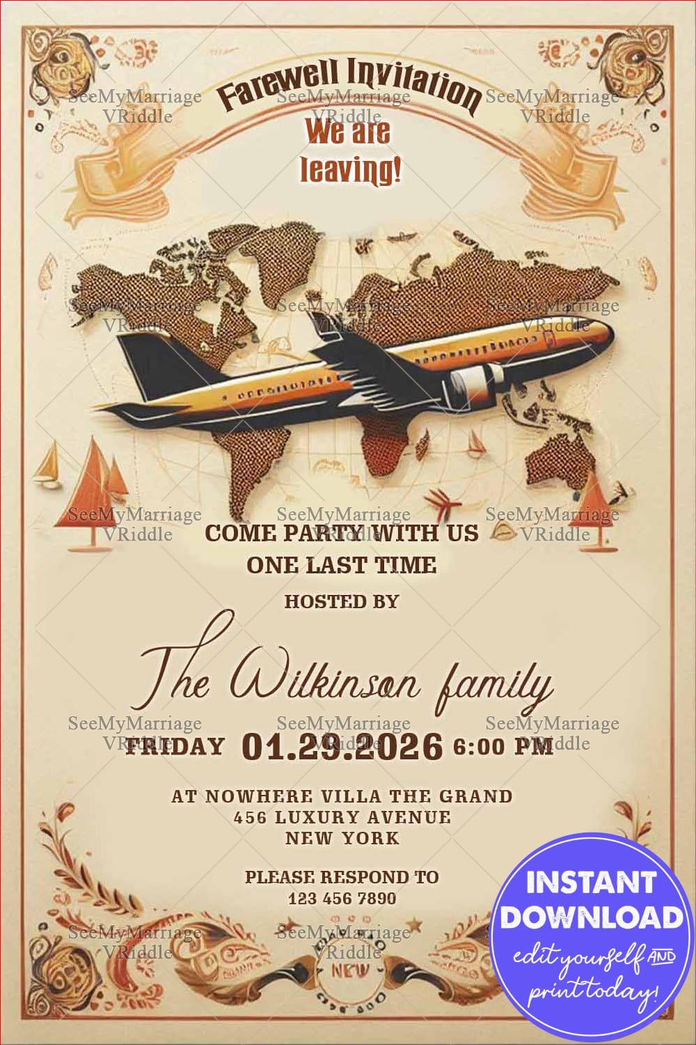 Beige Theme & Airplane Farewell Invitation Card with World Map and Floral Design