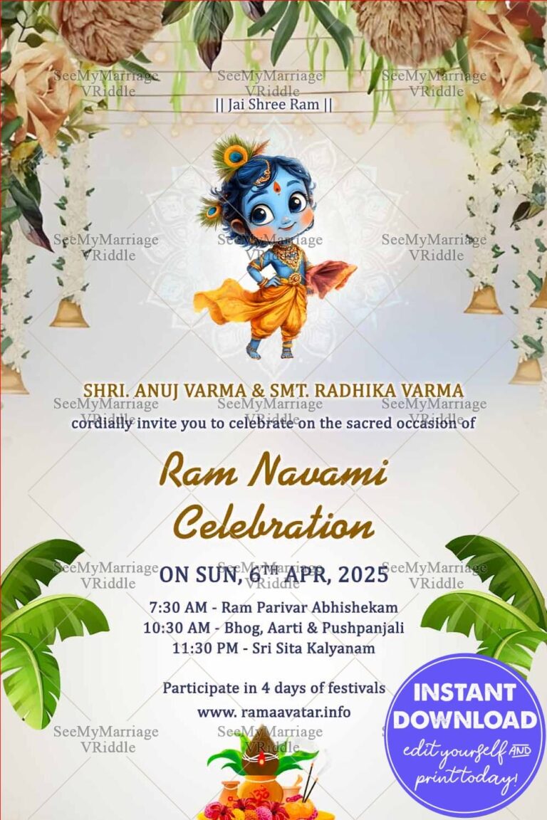 Baby Krishna Ram Navami Invitation Card with Kalash, Bells and Banana Leaves