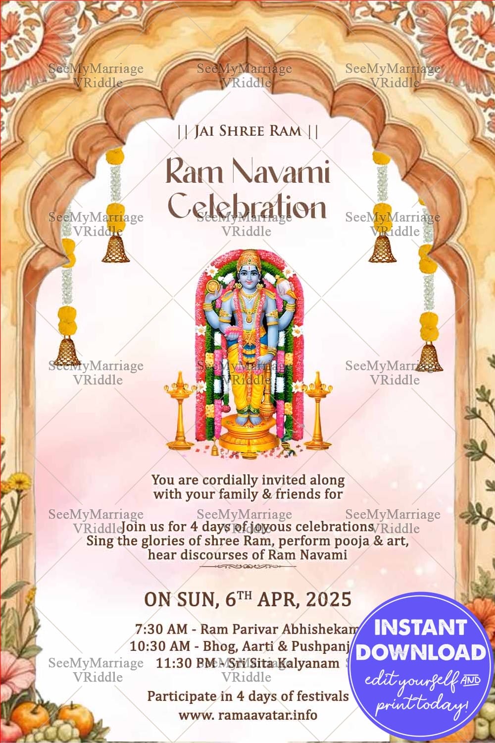 Sri Ram Navami Invitation Card with Traditional Arch & Floral Decor