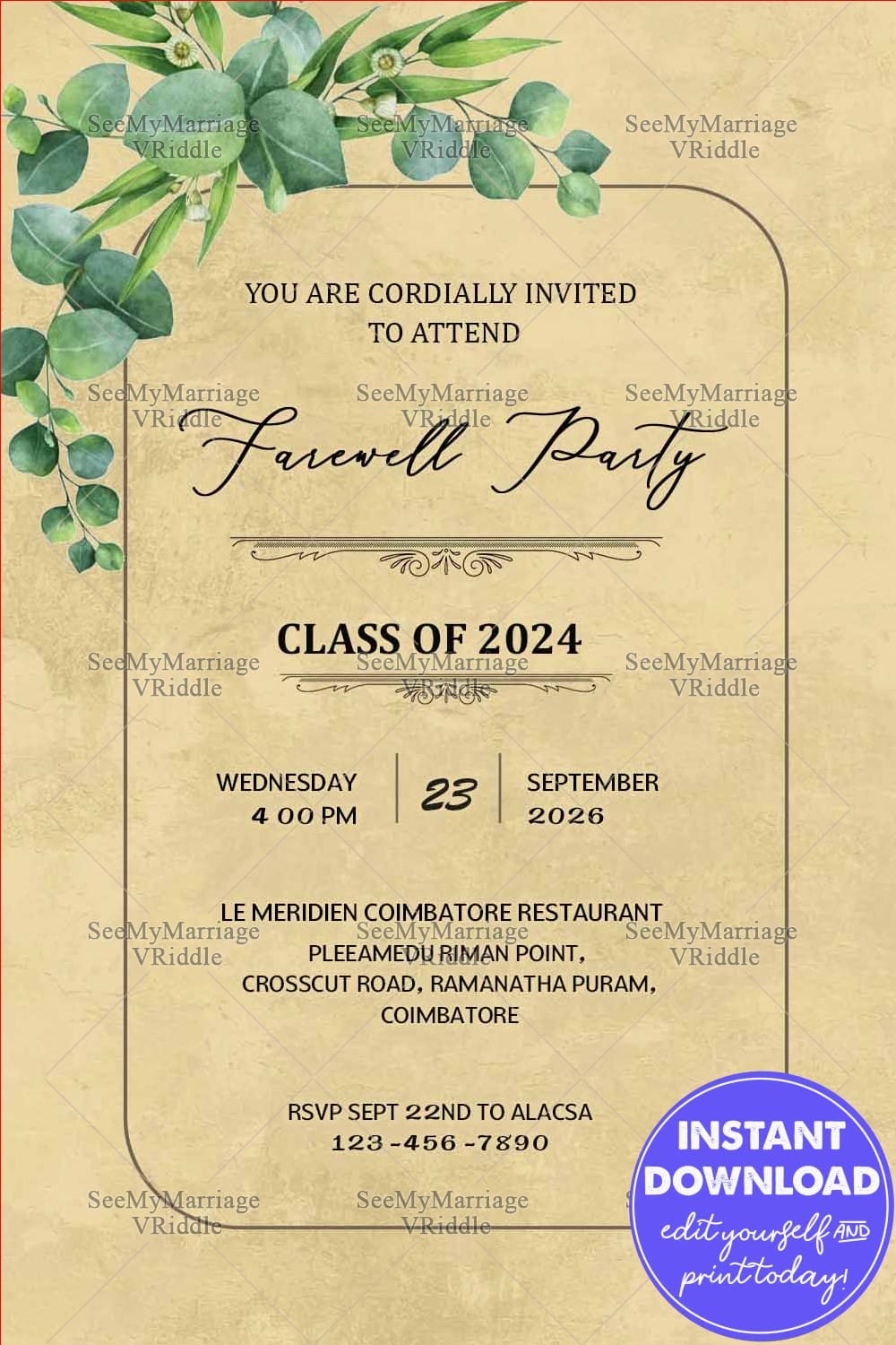 Beige Background Farewell Party Invitation Card with Eucalyptus Leaves