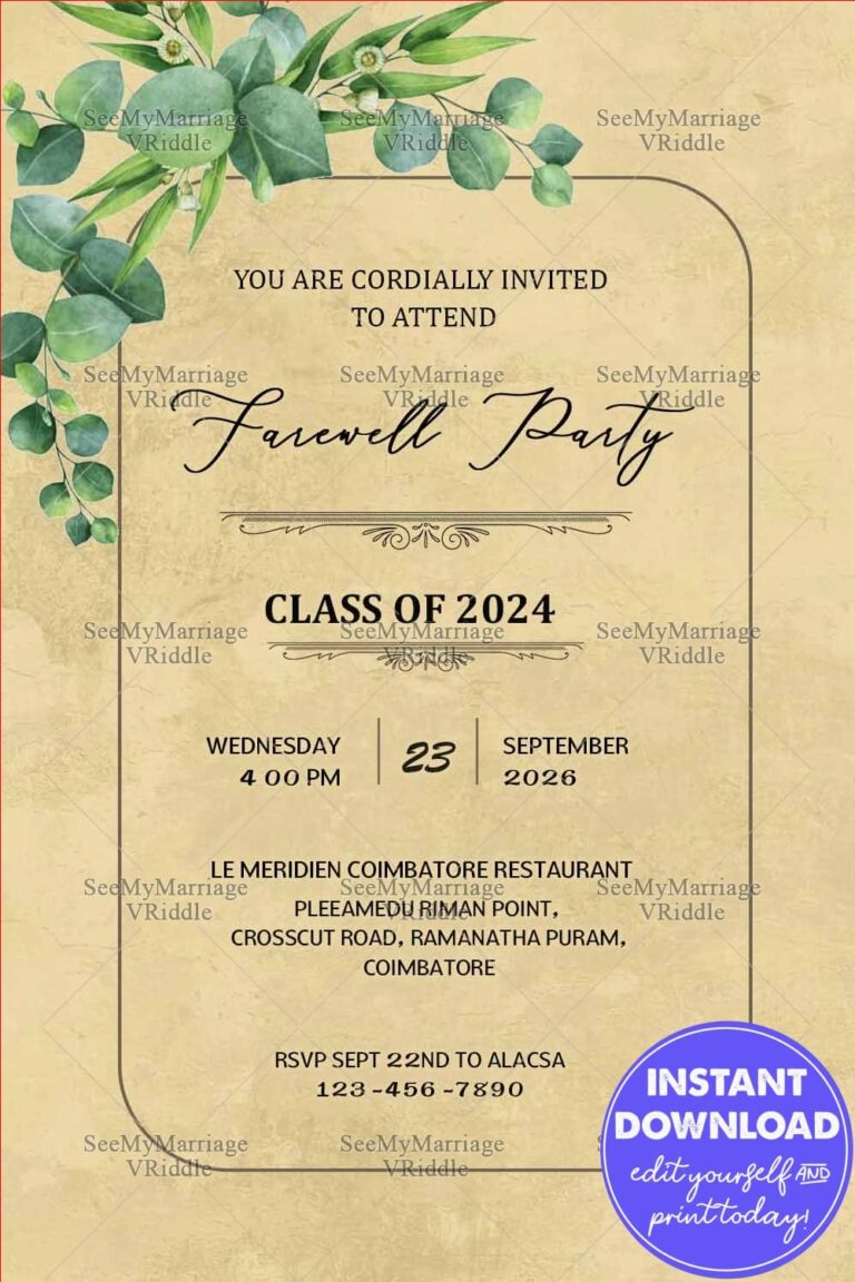 Beige Background Farewell Party Invitation Card with Eucalyptus Leaves