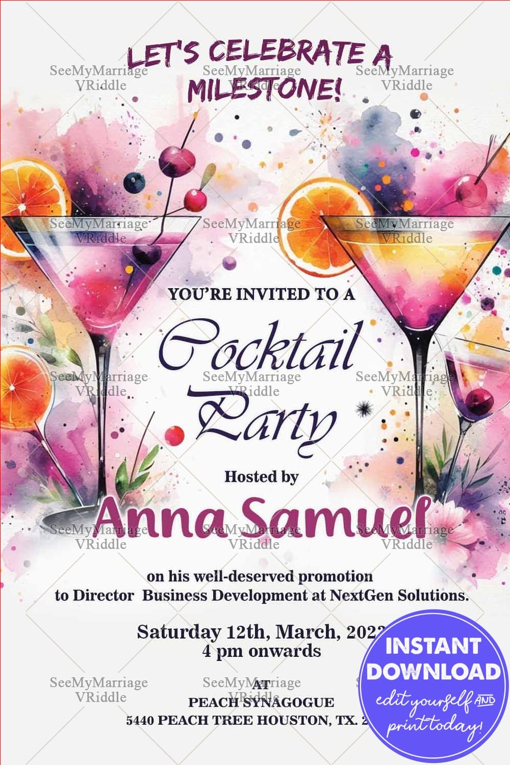 White Background Cocktail Party and Promotion Party Invitation Card with Martini Glasses and Cherries, Citrus