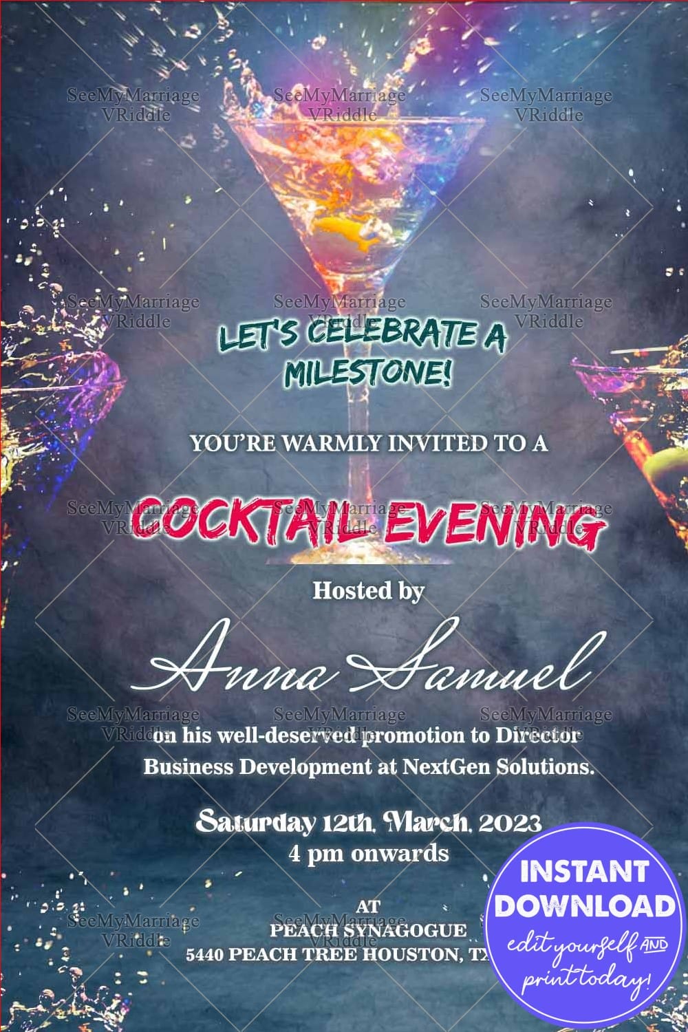 Splash Theme Cocktail Party and Promotion Party Invitation Card with Martini Glasses