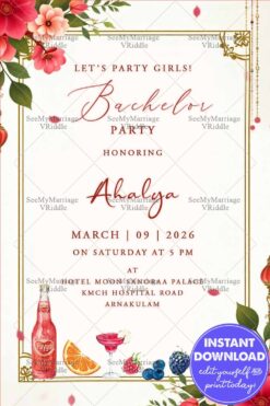 Bachelor Party Invitation With Cocktail Glass, Orange Slice, Bottle and Flowers