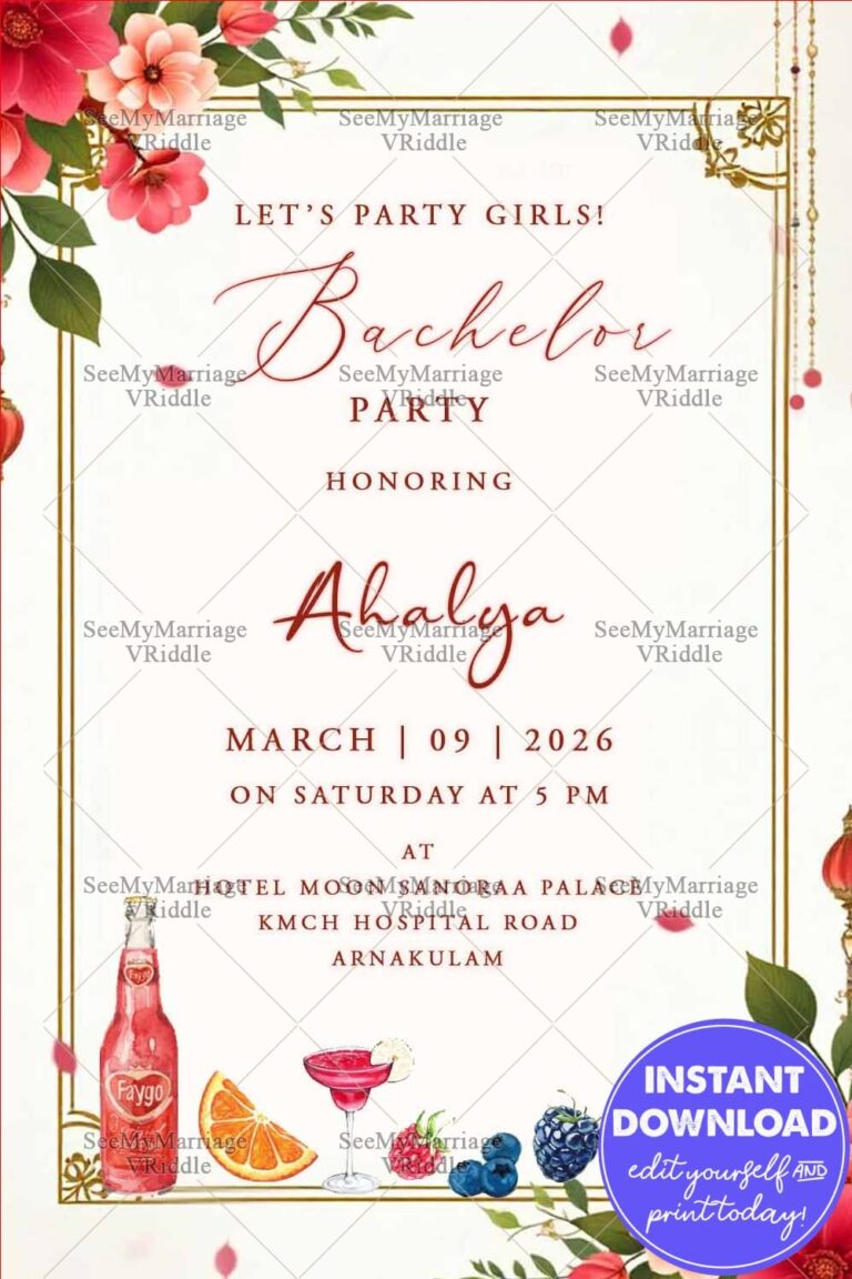 Bachelor Party Invitation With Cocktail Glass, Orange Slice, Bottle and Flowers