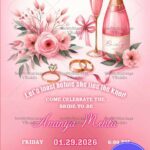 Blush Pink Bridal Shower Invitation Card with Ring and Champagne Bottle
