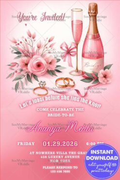 Blush Pink Bridal Shower Invitation Card with Ring and Champagne Bottle