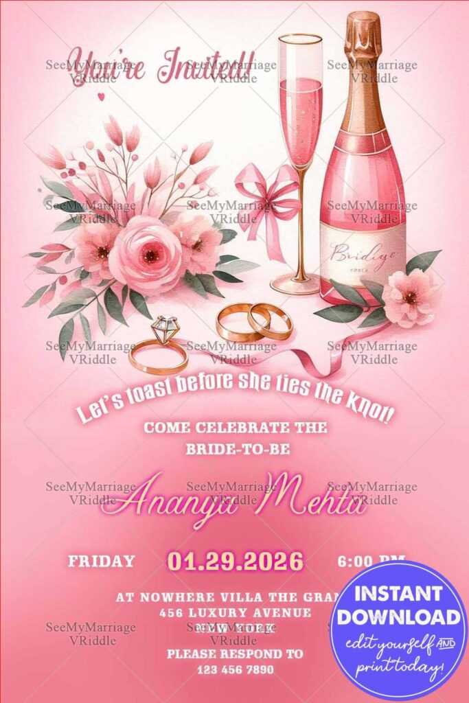 Blush Pink Bridal Shower Invitation Card with Ring and Champagne Bottle