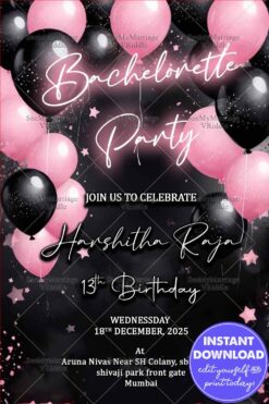 Pink and Black Balloons Theme Bachelorette Party and Birthday Party Invitation Card