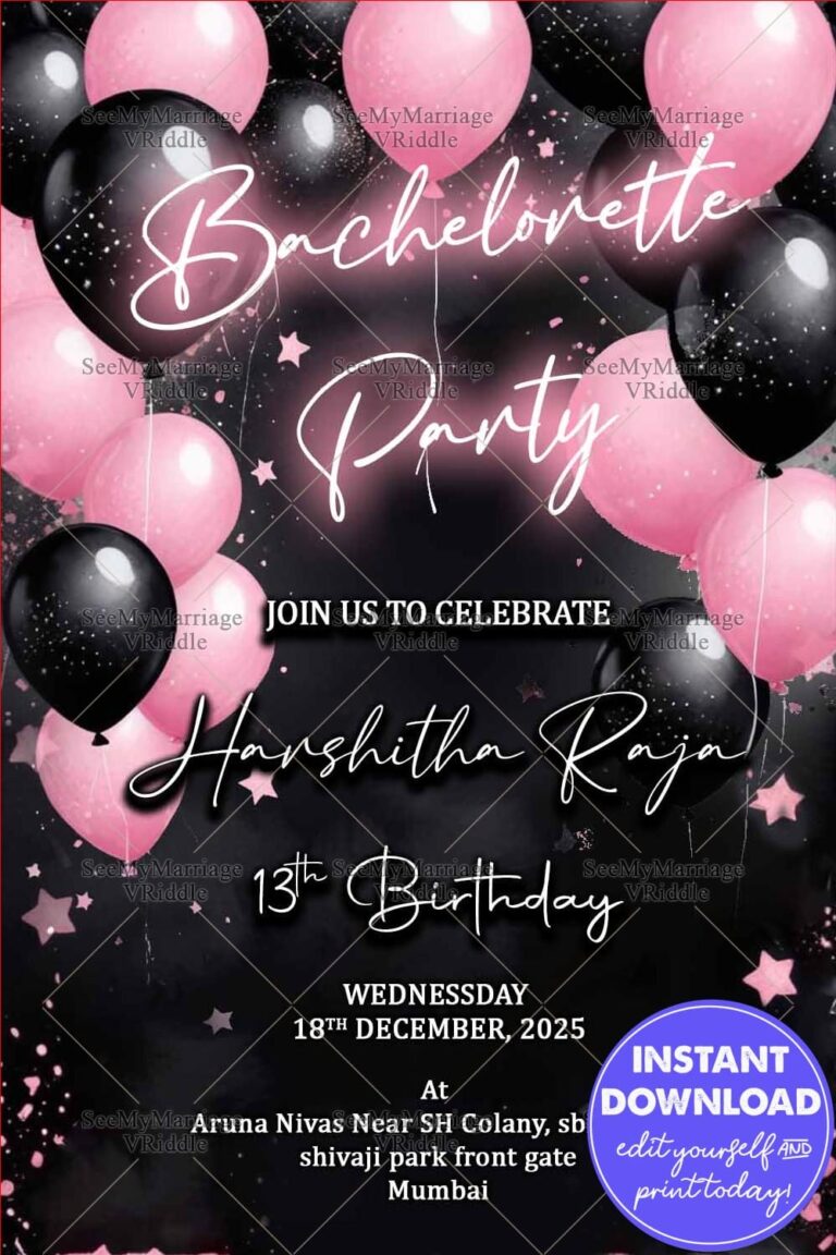 Pink and Black Balloons Theme Bachelorette Party and Birthday Party Invitation Card