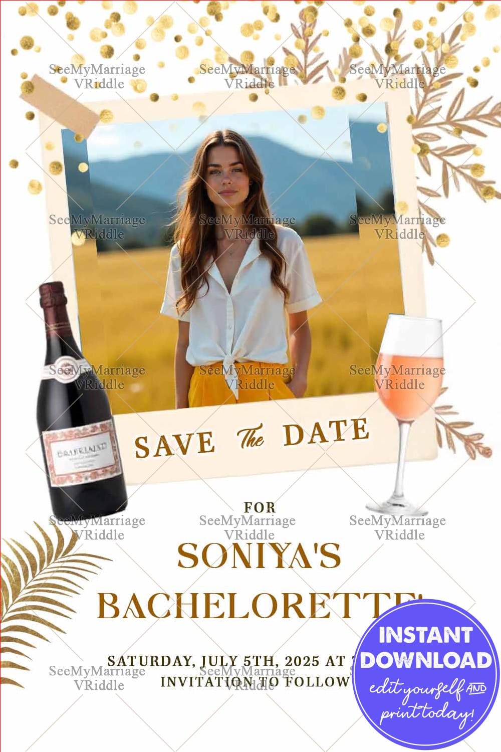 Golden Confetti Bachelorette and Save the Date Card with Add Photo and Bottle of Bubbly, Glass