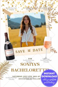Golden Confetti Bachelorette and Save the Date Card with Add Photo and Bottle of Bubbly, Glass