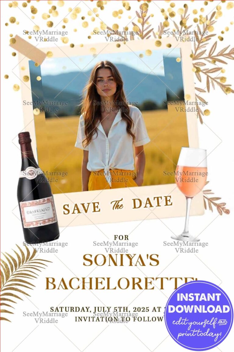 Golden Confetti Bachelorette and Save the Date Card with Add Photo and Bottle of Bubbly, Glass