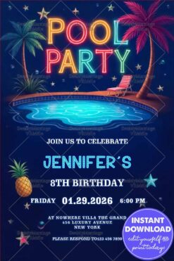 Neon Pool Party and Birthday Invitation with Tropical Night Theme, Palm Trees, Stars and Glow Effects