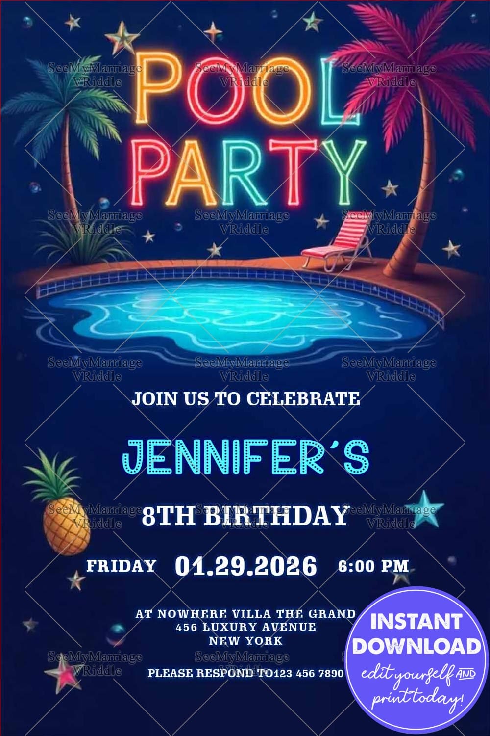 Neon Pool Party and Birthday Invitation with Tropical Night Theme, Palm Trees, Stars and Glow Effects