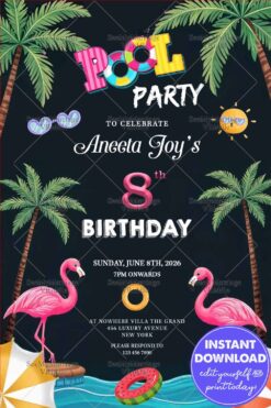 Palm Tree Paradise Pool Party and Birthday Invitation with Pink Flamingos and Floaties