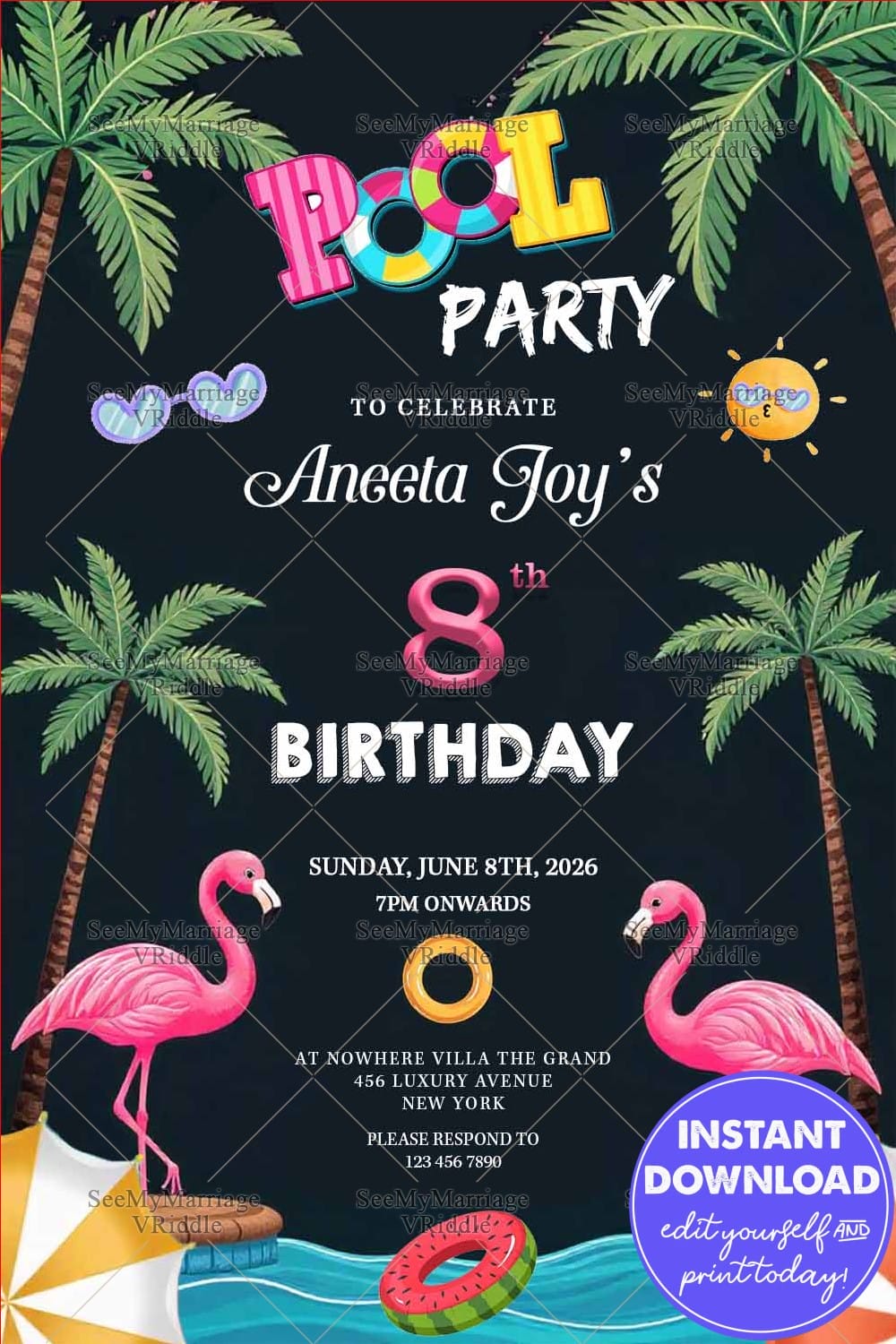 Tropical Flamingo Pool Party and Birthday Invitation with Pink Float,  Watermelon and Palm Trees – SeeMyMarriage, image size:1000x1500