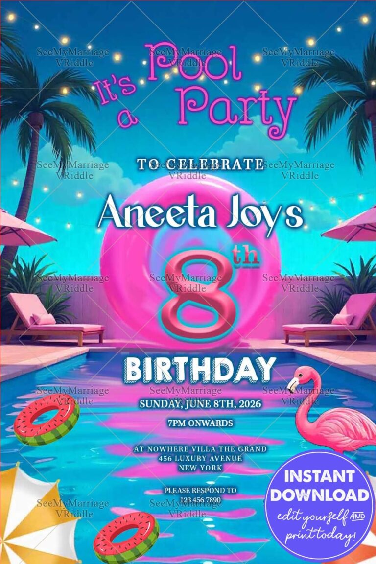 Tropical Flamingo Pool Party and Birthday Invitation with Pink Float, Watermelon and Palm Trees