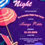 Summer Night Pool Party Invitation with Lounge Chair and Umbrellas