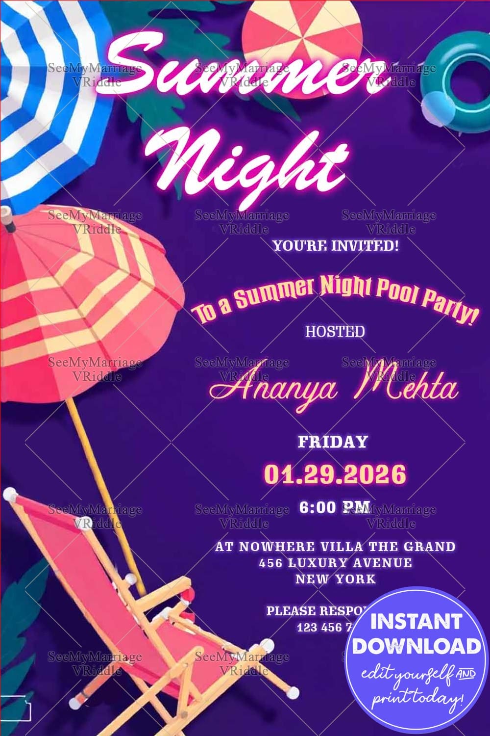 Summer Night Pool Party Invitation with Lounge Chair and Umbrellas