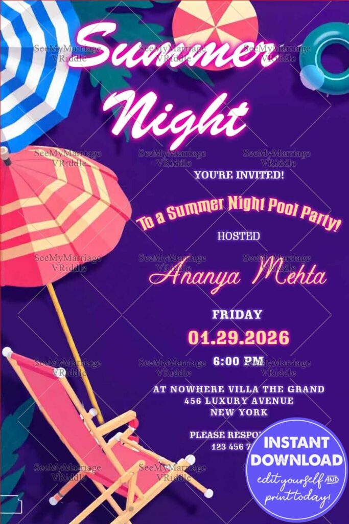 Summer Night Pool Party Invitation with Lounge Chair and Umbrellas