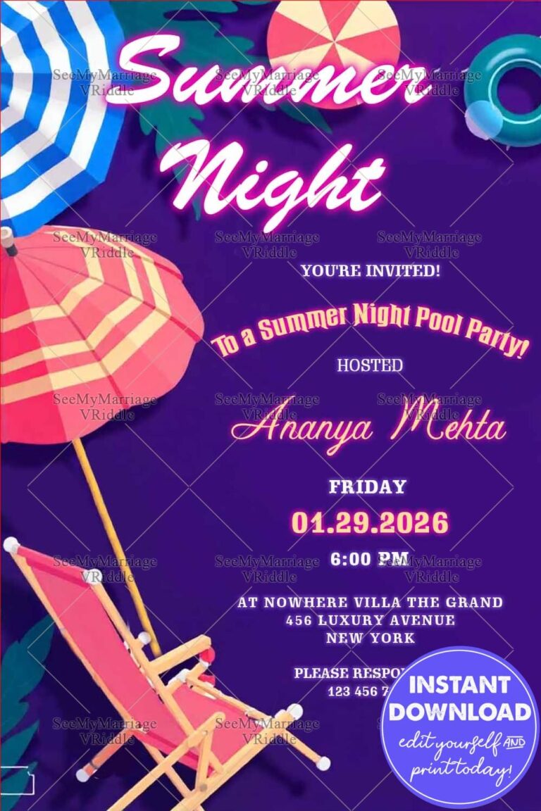 Summer Night Pool Party Invitation with Lounge Chair and Umbrellas