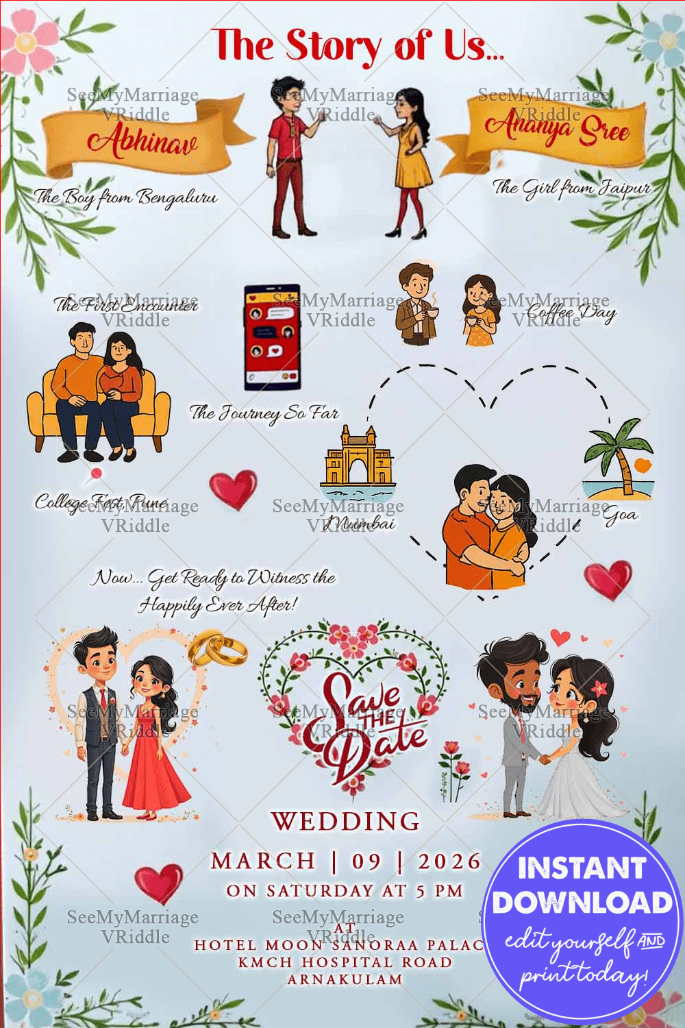 Story Type Wedding Invitation Celebrating the Journey of Love with Cartoon