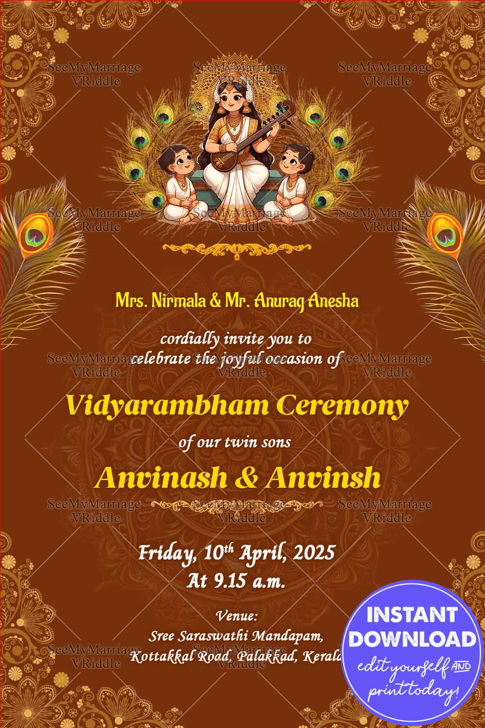 Aksharabhaysam Ceremony Invitation | Elegant Brown & Gold Design Featuring Twin Boys
