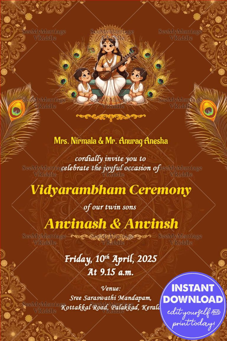 Aksharabhaysam Ceremony Invitation | Elegant Brown & Gold Design Featuring Twin Boys