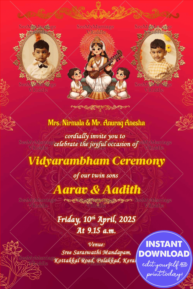 Traditional Vidyarambham Ceremony Invitation for Twin Boys in Divine Theme