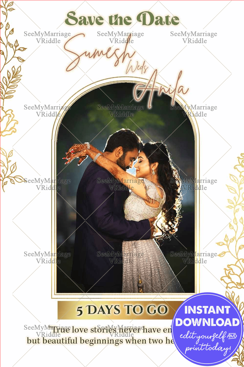 Elegant Save the Date Wedding Card with Arch Frame and Gold Leaf Accents
