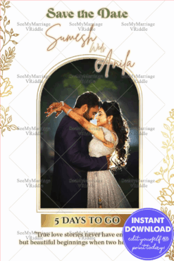 Elegant Save the Date Wedding Card with Arch Frame and Gold Leaf Accents
