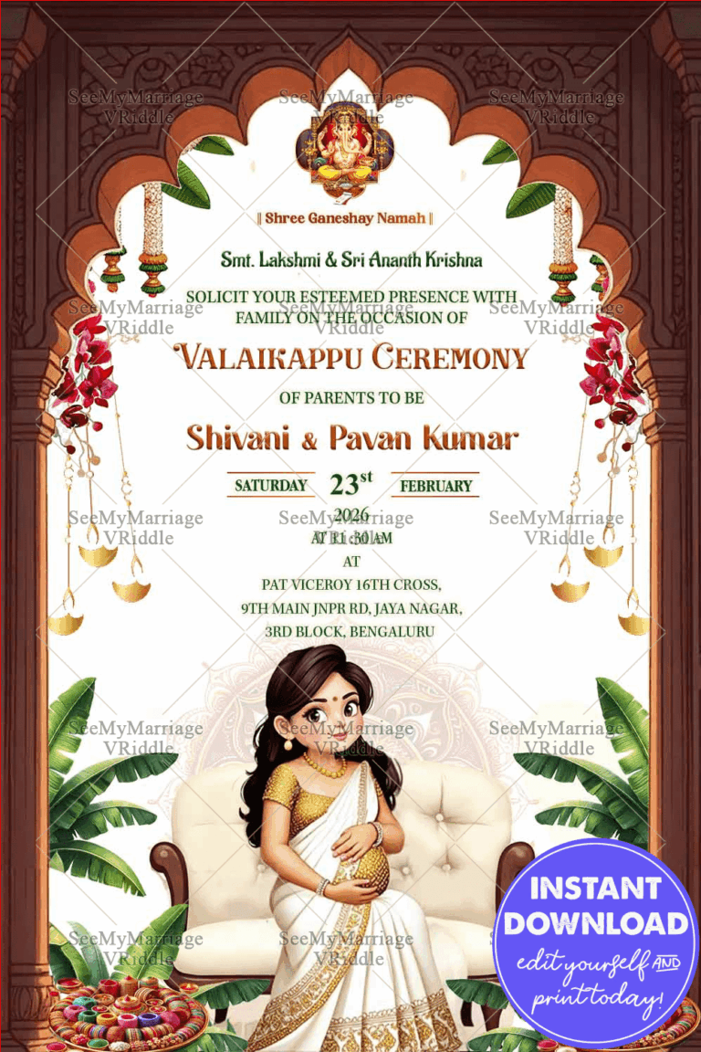 Traditional Valaikappu Ceremony Invitation Featuring a Graceful Pregnant Lady Illustration and Festive Floral Decorations