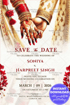 Wedding Save the Date Invitation Featuring Couple Holding Hands Design