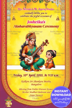 Aksharabhyasam Invitation with Goddess Saraswati Blessings and Radiant Beginning in Golden Hues