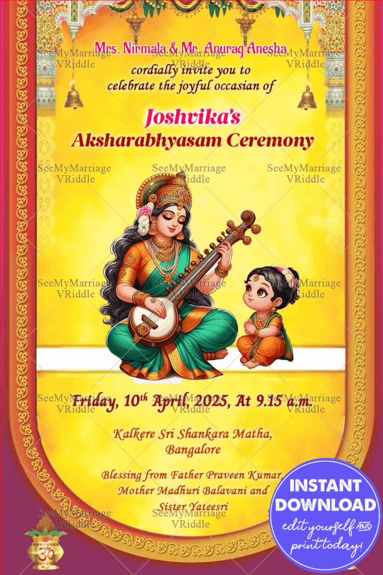Aksharabhyasam Invitation with Goddess Saraswati Blessings and Radiant Beginning in Golden Hues