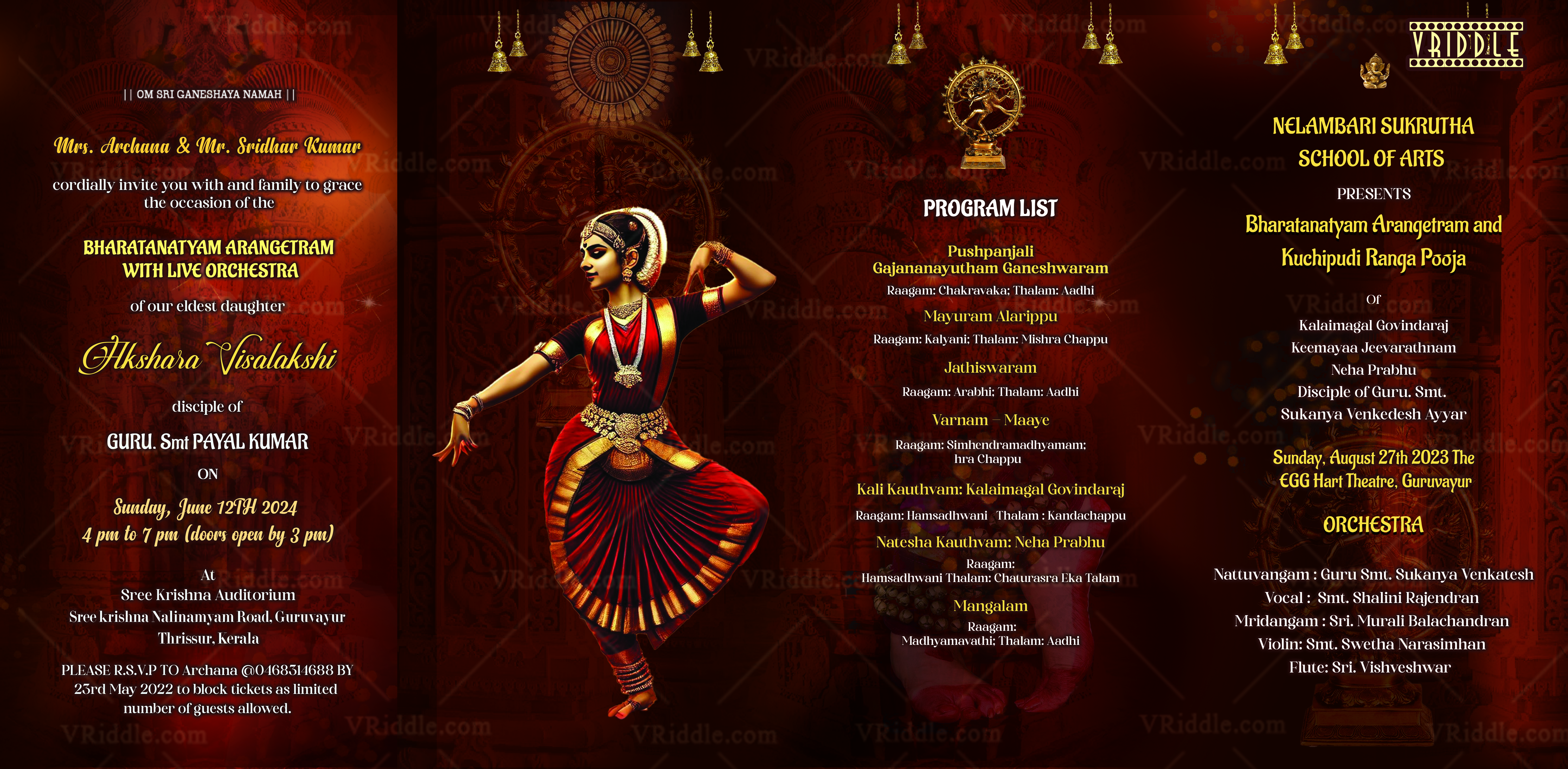 Regal Red Themed Arangetram Brochure Invitation with Four-Fold Design and Gold Accents