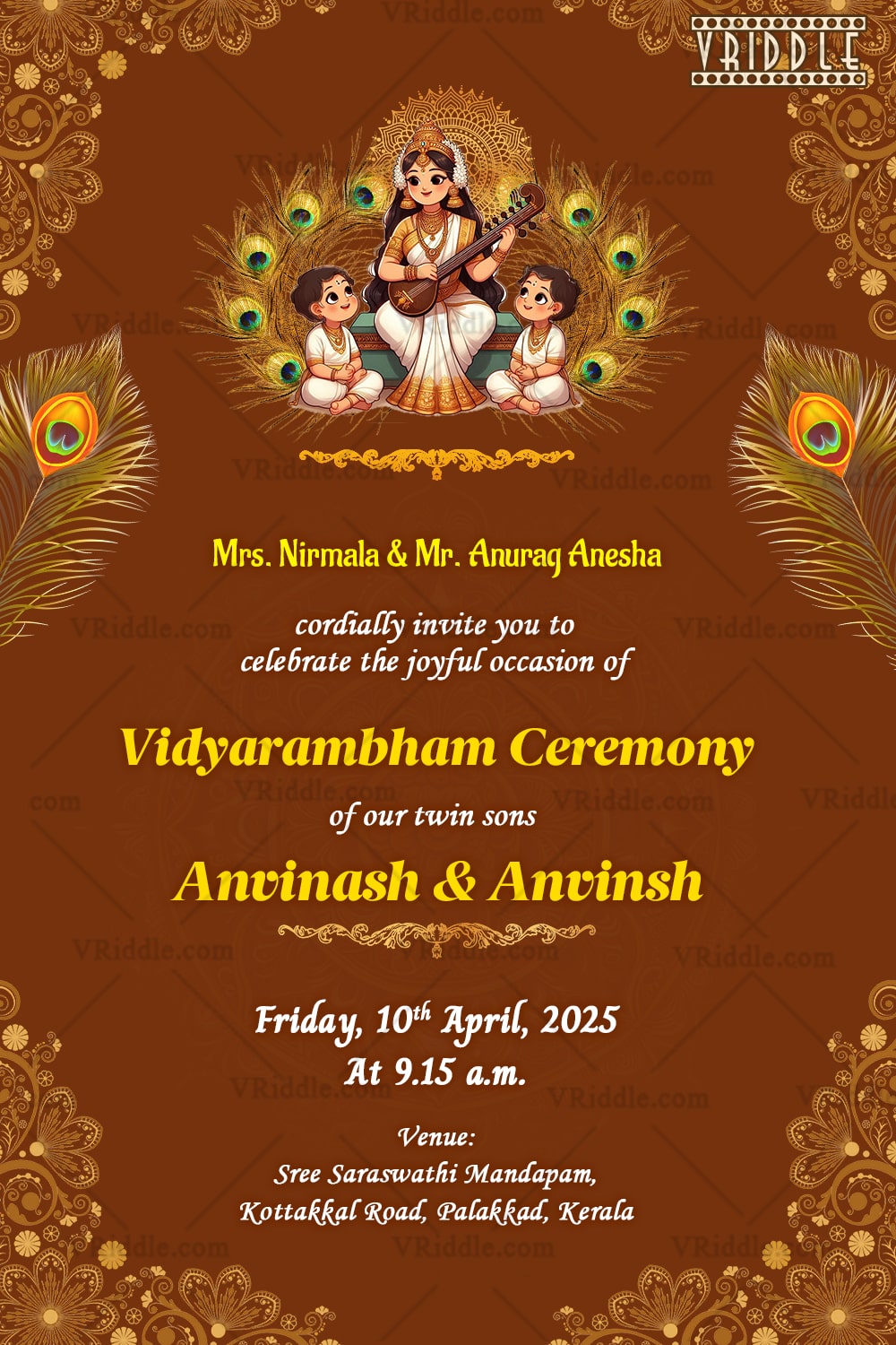 Aksharabhaysam Ceremony Invitation | Elegant Brown & Gold Design Featuring Twin Boys