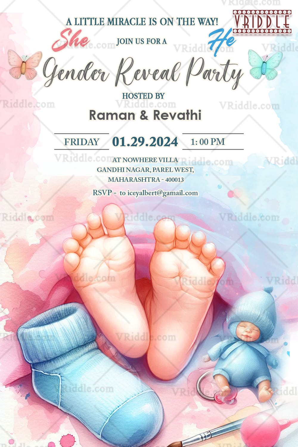 Baby Feet Gender Reveal Invitation Card with Adorable Pastel Theme