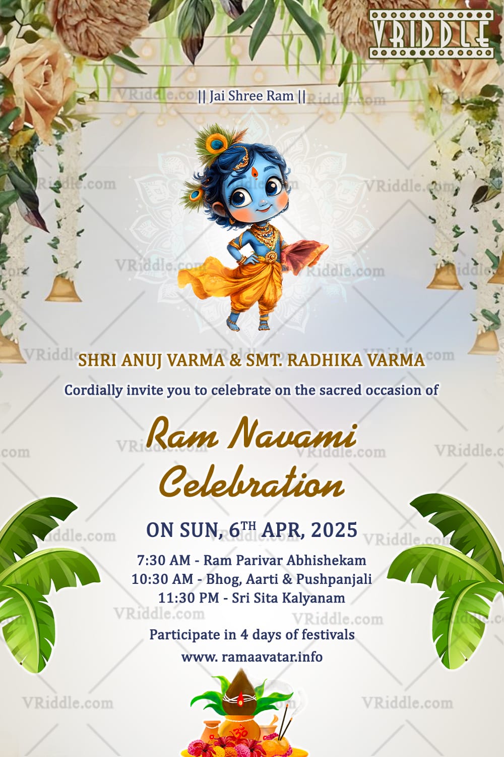 Baby Krishna Ram Navami Invitation Card with Kalash, Bells and Banana Leaves