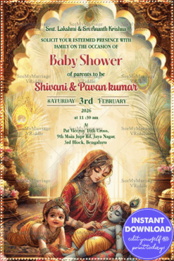 Baby Shower Invitation Featuring Baby Krishna Baby Radha and Yashoda in a Traditional Artistic Design