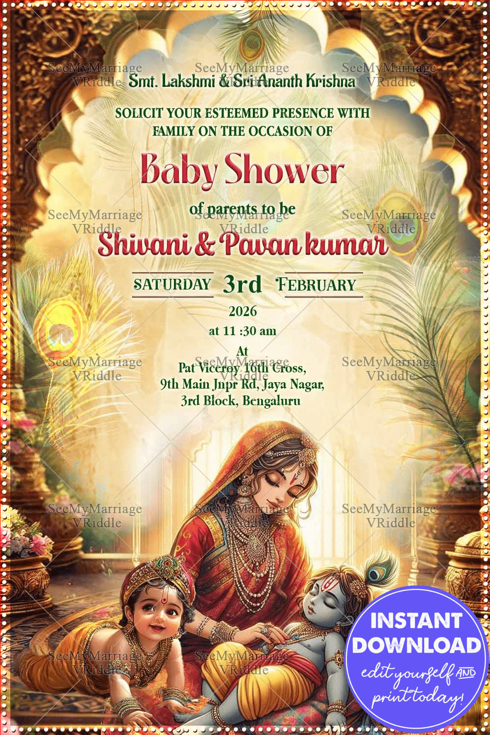 Baby Shower Invitation Featuring Baby Krishna Baby Radha and Yashoda in a Traditional Artistic Design