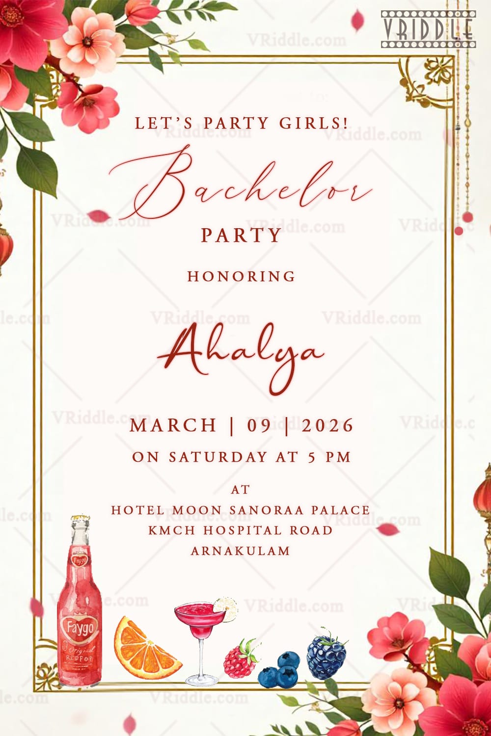 Bachelor Party Invitation With Cocktail Glass, Orange Slice, Bottle and Flowers