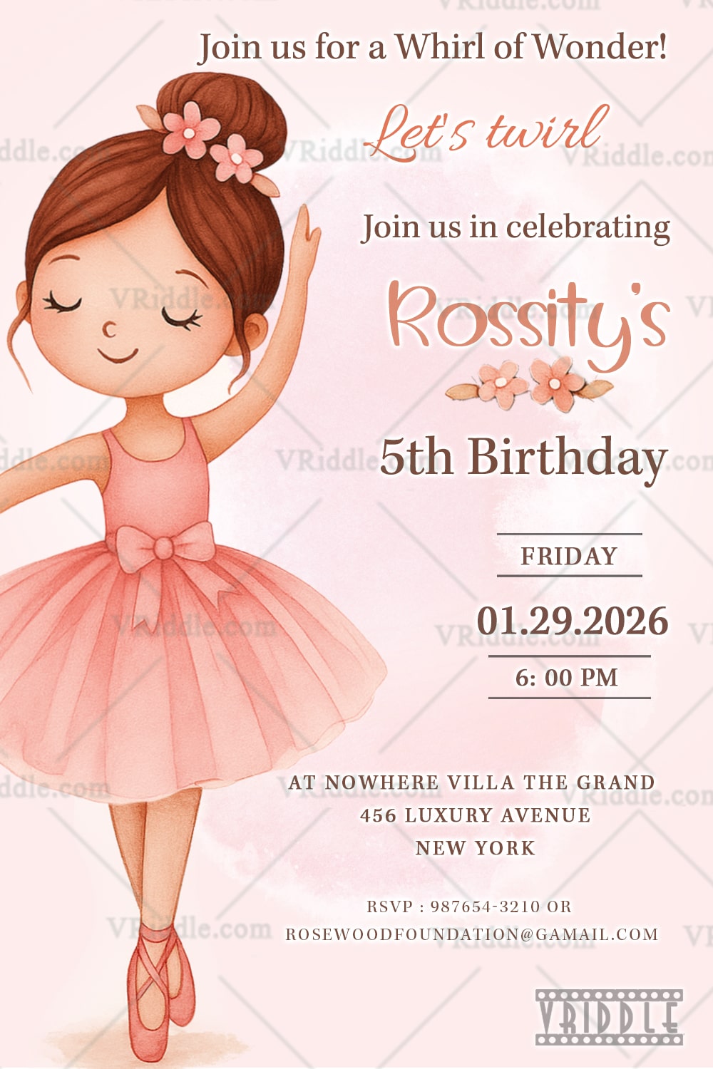 Ballerina Birthday Invitation with Watercolor Theme for Girl's Pink Theme