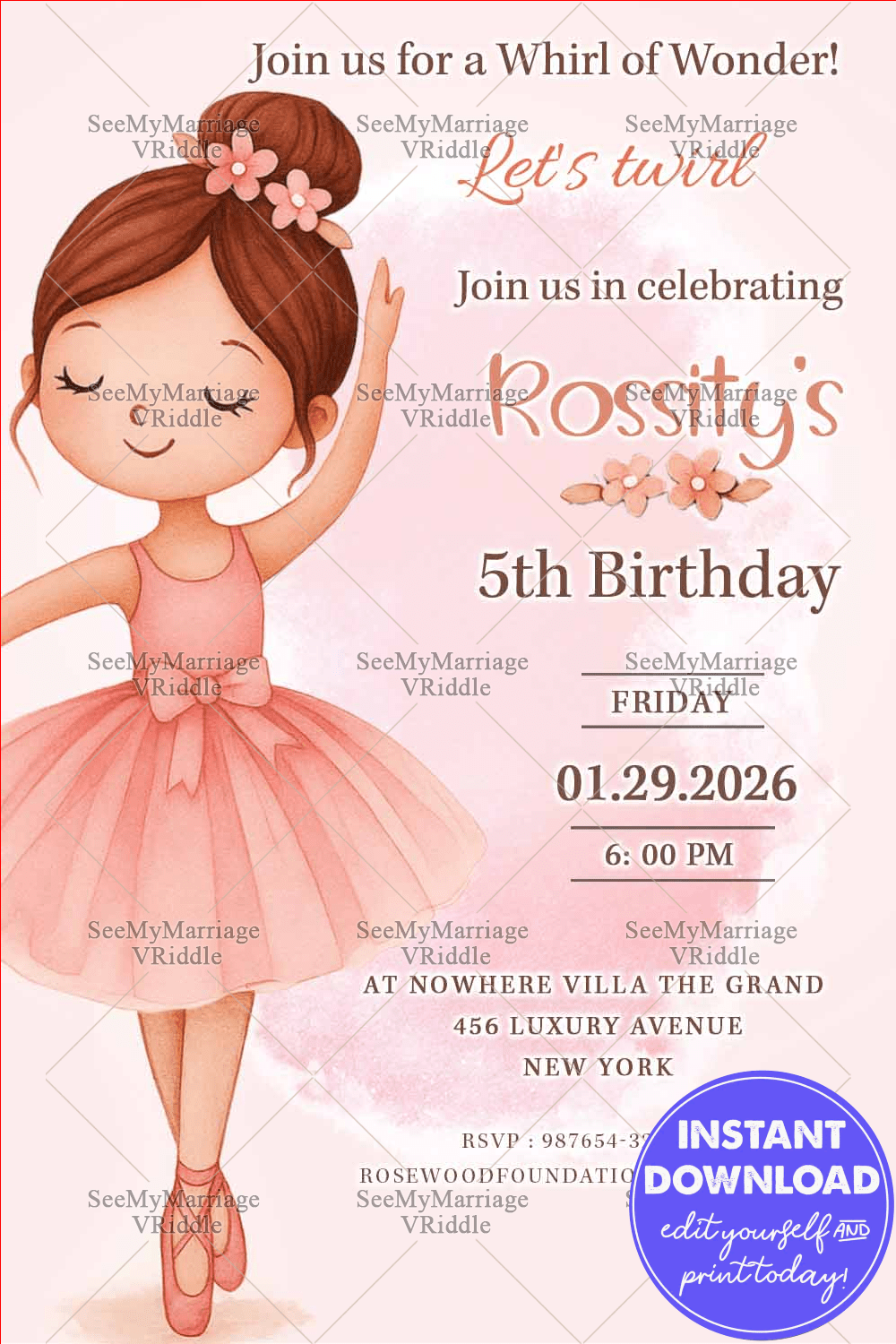 Ballerina Birthday Invitation with Watercolor Theme for Girl's Pink Theme