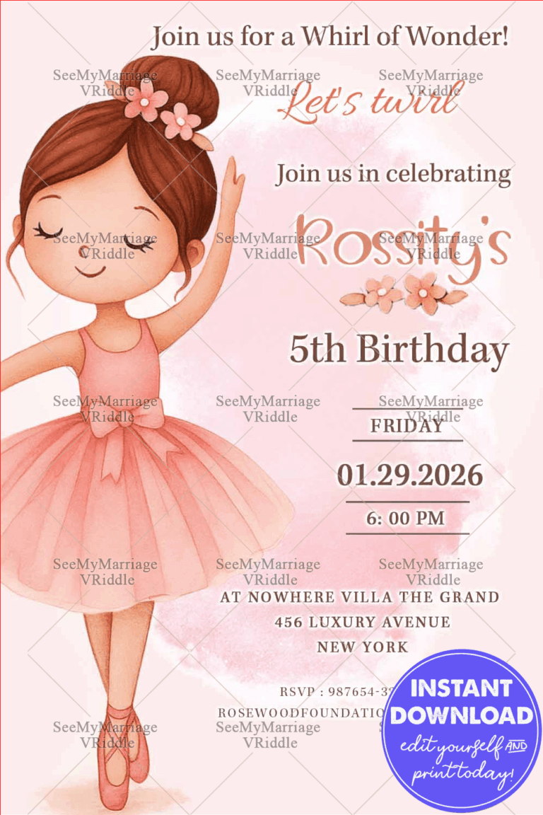 Ballerina Birthday Invitation Card with Watercolor Theme for Girl's Pink