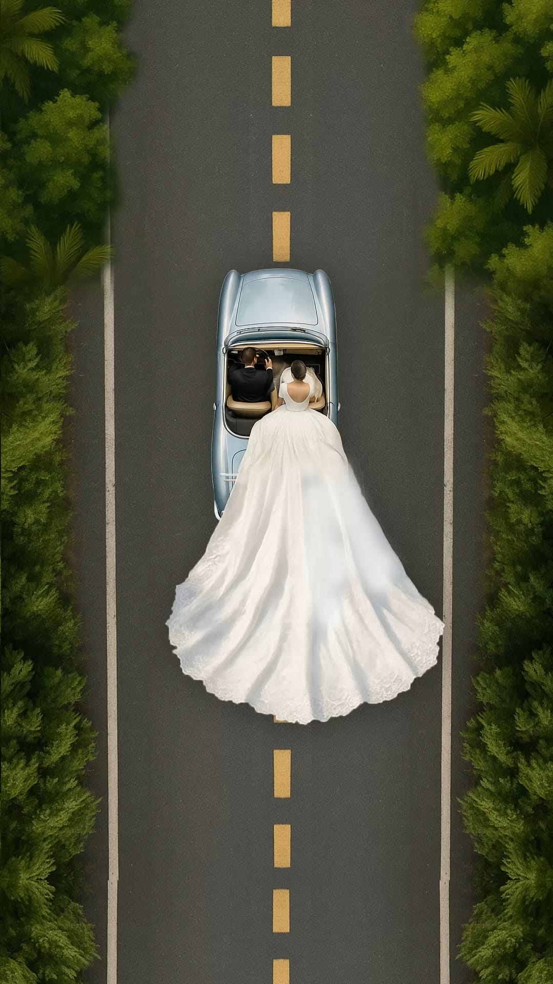 Beach view and Couple on Car Theme Christian Wedding Save the Date Video with Bride's Voluminous White Gown Flowing