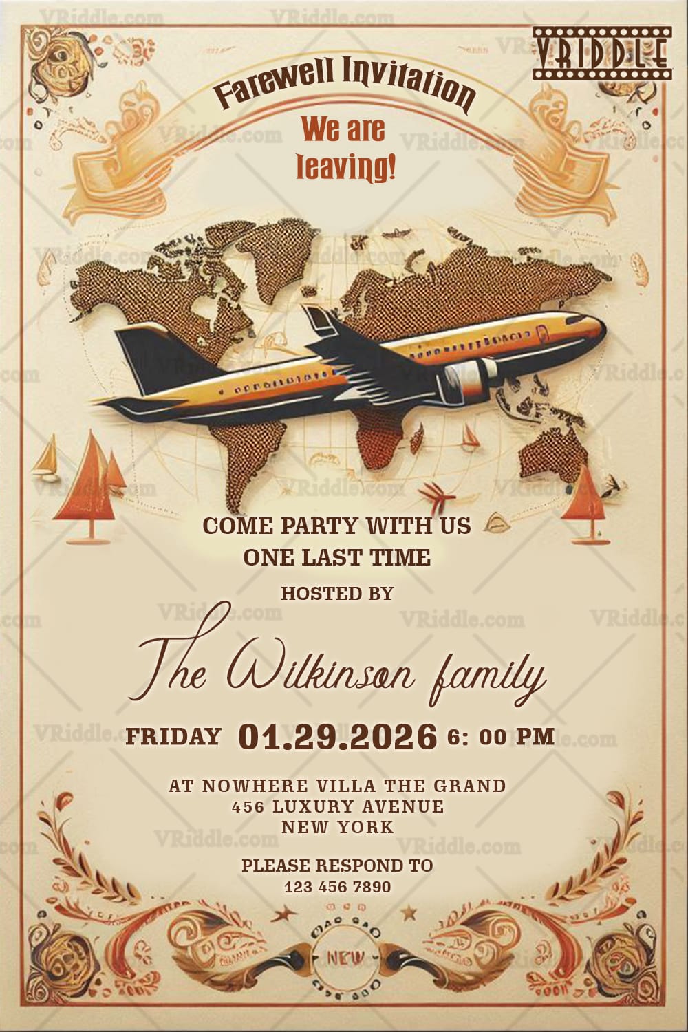 Beige Theme & Airplane Farewell Invitation Card with World Map and Floral Design